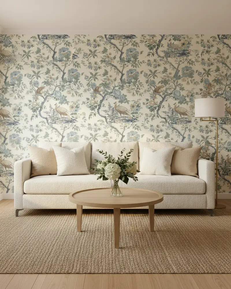 The same room with Broughton Rose Blue wallpaper
