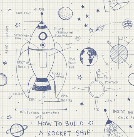 Rocket Ship - White and Navy | Blues Children and Nursery Wallpaper for Office, Living Room, and Hallway