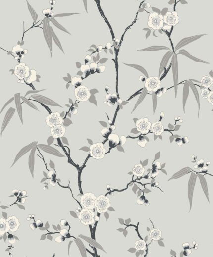 Asian Blossom - Stormy | Grays Asian and Chinoiseries Wallpaper for Hallway, Half Bath, and Powder Room