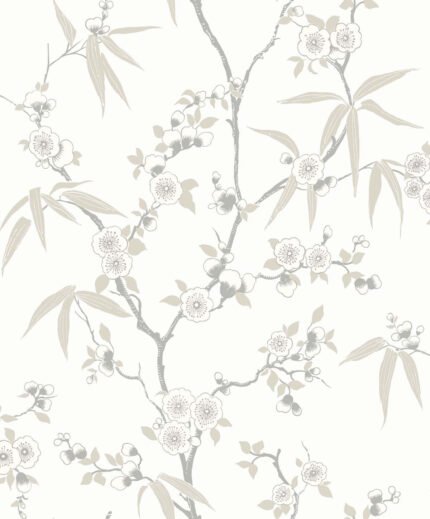Asian Blossom - Morning | Whites and Off Whites Asian and Chinoiseries Wallpaper for Accent Wall, Dining Room, and Half Bath