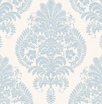 Antigua Damask - Blue Frost and Bone White | Blues Damasks and Scrolls Wallpaper for Powder Room, Entryway, and Kitchen