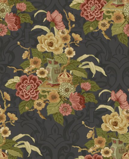 Dynasty - Metallic Ebony | Blacks Asian and Chinoiseries Wallpaper for Half Bath, Hallway, and Nursery