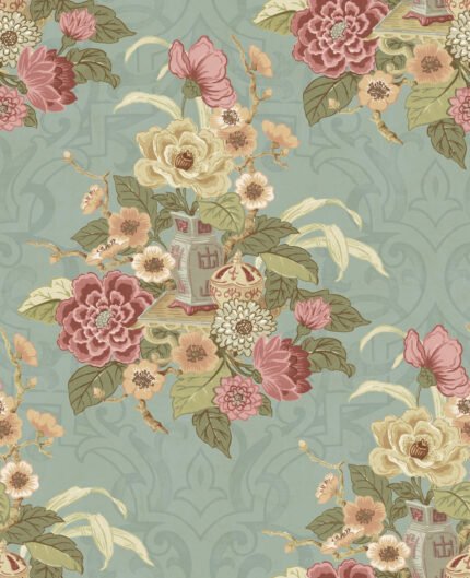 Dynasty - Metallic Blue Mist | Aquas and Teals Asian and Chinoiseries Wallpaper for Living Room, Accent Wall, and Half Bath