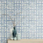 Dynasty Lattice - Metallic Pearl and Azure Blue | Blues Geometrics Wallpaper for Office, Accent Wall, and Dining Room