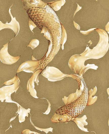 Koi - Metallic Gold and Toffee | Golds Animals, Birds and Insects Wallpaper for Entryway, Half Bath, and Bedroom