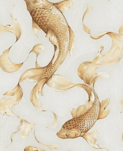 Koi - Metallic Gold and Off-White | Golds Animals, Birds and Insects Wallpaper for Dining Room, Accent Wall, and Bedroom