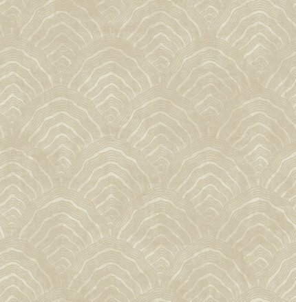 Confucius Scallop - Tan and Metallic Pearl | Warm Neutrals and Beiges Asian and Chinoiseries Wallpaper for Bedroom, Half Bath, and Powder Room