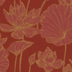 Lotus - Metallic Gold and Crimson | Golds Florals, Botanicals and Tropicals Wallpaper for Nursery, Half Bath, and Entryway