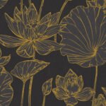Lotus - Metallic Gold and Ebony | Blacks Florals, Botanicals and Tropicals Wallpaper for Office, Powder Room, and Hallway