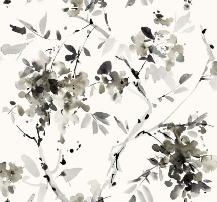 Blossom Season - Inky Splatter | Blacks Florals, Botanicals and Tropicals Wallpaper for Entryway, Powder Room, and Bedroom