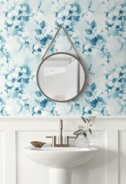 Shibori Floral - By the Lake | Aquas and Teals Ikat, Shibori and Watercolor Wallpaper for Hallway, Accent Wall, and Nursery