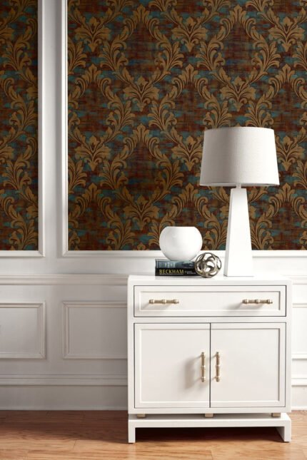 Kepler Damask - Metallic Gold and Spruce | Multicolors Damasks and Scrolls Wallpaper for Hallway, Office, and Nursery