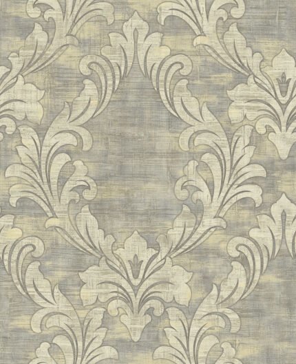 Kepler Damask - Metallic Pearl and Gray | Grays Damasks and Scrolls Wallpaper for Office, Powder Room, and Nursery