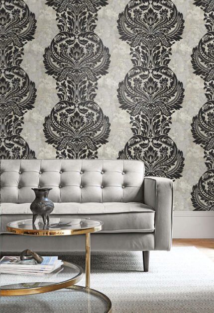 Newton Damask - Black and Greige | Blacks Damasks and Scrolls Wallpaper for Living Room, Half Bath, and Nursery