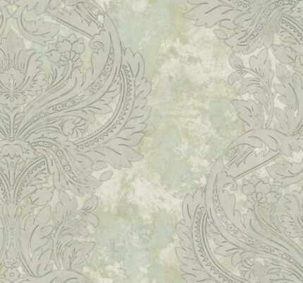Newton Damask - Metallic Gold and Mint | Greens Damasks and Scrolls Wallpaper for Entryway, Hallway, and Nursery