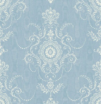 French Country Colette - Ice Blue | Blues Damasks and Scrolls Wallpaper for Bedroom, Dining Room, and Powder Room