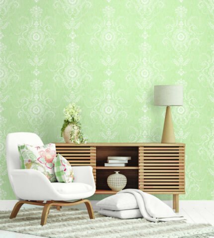 French Country Colette - Washed Green | Greens Damasks and Scrolls Wallpaper for Nursery, Kitchen, and Accent Wall