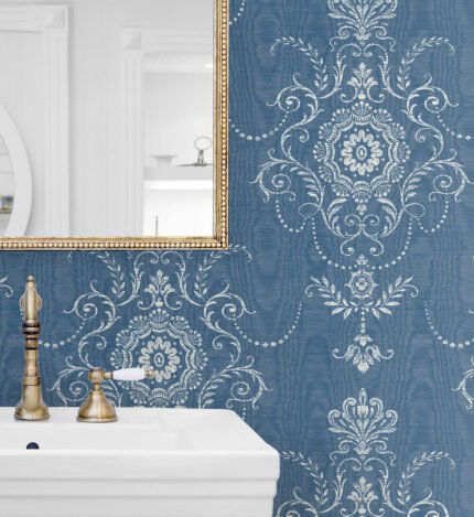 French Country Colette - Evil Eye | Blues Damasks and Scrolls Wallpaper for Nursery, Entryway, and Bedroom