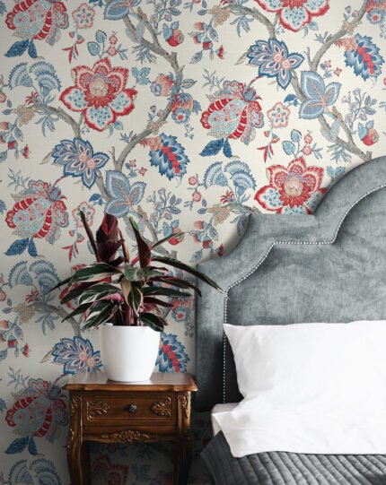 French Country Bernadette - Berries | Multicolors Jacobean and Tapestry Wallpaper for Powder Room, Dining Room, and Entryway