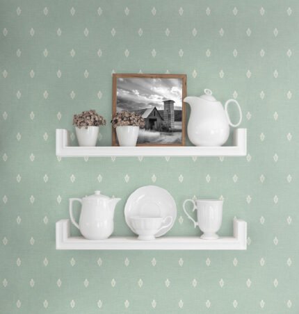 French Country Petite - Glass | Aquas and Teals Small Prints Wallpaper for Bedroom, Hallway, and Half Bath