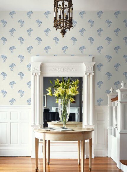 French Country Lotus - Bluebell | Blues Small Prints Wallpaper for Bedroom, Accent Wall, and Powder Room