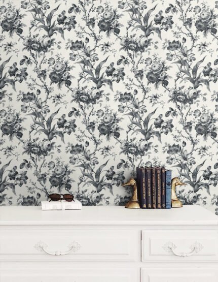 French Country En Rose - Onyx | Blacks Florals, Botanicals and Tropicals Wallpaper for Office, Half Bath, and Kitchen