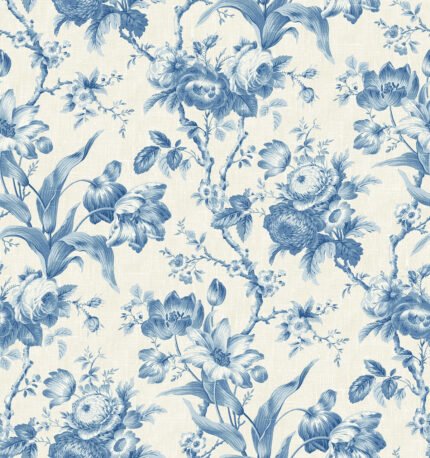 French Country En Rose - Blue Dragon | Blues Florals, Botanicals and Tropicals Wallpaper for Nursery, Half Bath, and Dining Room