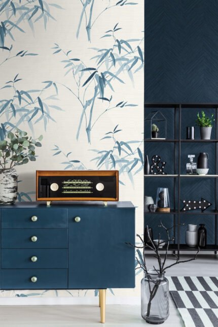 Chadron - Cool Breeze | Blues Trees and Leaves Wallpaper for Half Bath, Living Room, and Office