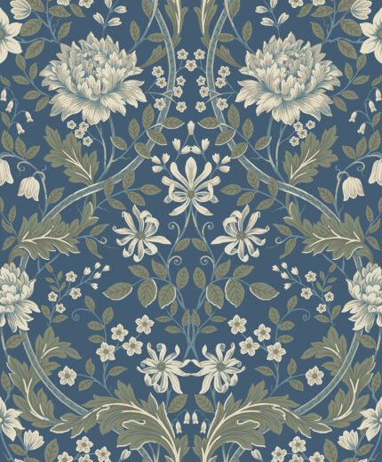 Honeysuckle Floral Ogee - Prussian Blue | Blues Damasks and Scrolls Wallpaper for Accent Wall, Powder Room, and Dining Room