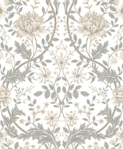 Honeysuckle Floral Ogee - Ivory and Greige | Whites and Off Whites Damasks and Scrolls Wallpaper for Dining Room, Entryway, and Hallway