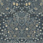 Tulip Floral Trail - Midnight and Ochre | Blues Damasks and Scrolls Wallpaper for Dining Room, Hallway, and Entryway