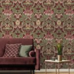 Acanthus Floral Vine - Cranberry and Sage | Reds Damasks and Scrolls Wallpaper for Entryway, Nursery, and Hallway