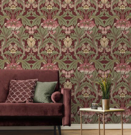Acanthus Floral Vine - Cranberry and Sage | Reds Damasks and Scrolls Wallpaper for Entryway, Nursery, and Hallway