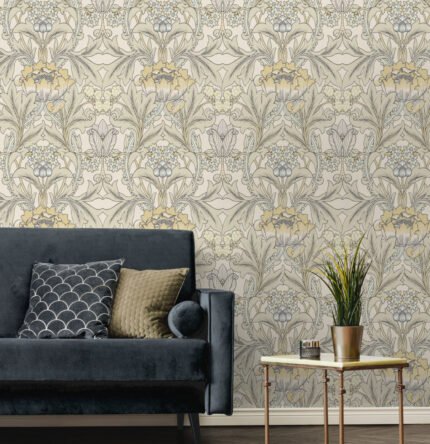 Acanthus Floral Vine - Butterscotch | Yellows Damasks and Scrolls Wallpaper for Nursery, Living Room, and Office