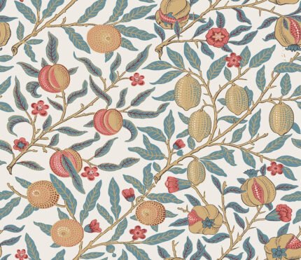Pomegranate Botanical - Moonstone Blue and Light Ochre | Oranges Trees and Leaves Wallpaper for Hallway, Dining Room, and Accent Wall