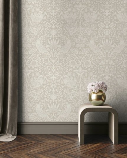 Tonal Aves Garden - Sand Dune | Warm Neutrals and Beiges Damasks and Scrolls Wallpaper for Dining Room, Hallway, and Bedroom