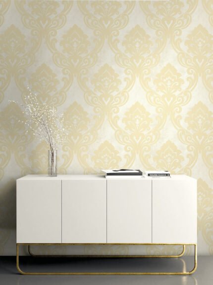 Vogue Damask - Metallic Gold and Off-White | Golds Damasks and Scrolls Wallpaper for Dining Room, Half Bath, and Bedroom