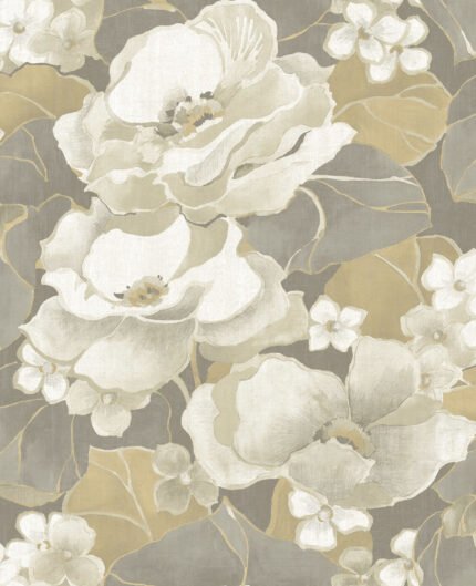 Adorn - Metallic Silver, Off-White, and Tan | Silvers and Pewters Florals, Botanicals and Tropicals Wallpaper for Hallway, Entryway, and Living Room