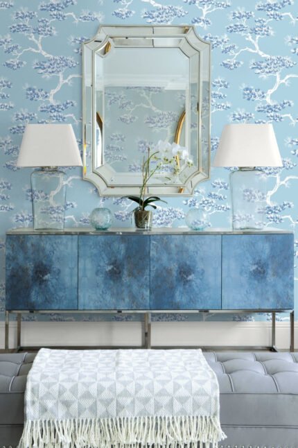 Kyoto - Sky Blue | Blues Trees and Leaves Wallpaper for Half Bath, Dining Room, and Office