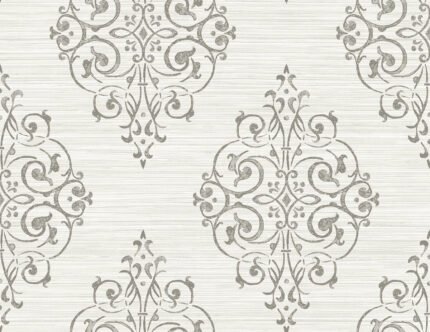 Medallion on Grasscloth | Grays Damasks and Scrolls Wallpaper for Accent Wall, Living Room, and Nursery
