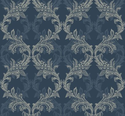 Skyline Damask | Blues Damasks and Scrolls Wallpaper for Nursery, Half Bath, and Kitchen