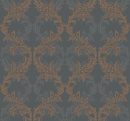 Skyline Damask | Coppers and Bronzes Damasks and Scrolls Wallpaper for Bedroom, Half Bath, and Kitchen