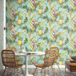 Maui Pineapple Floral - Aqua | Blues Florals, Botanicals and Tropicals Wallpaper for Dining Room, Powder Room, and Half Bath