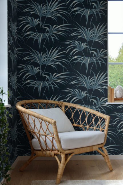 Open Palm Leaf - Midnight Blue | Blues Florals, Botanicals and Tropicals Wallpaper for Bedroom, Living Room, and Accent Wall