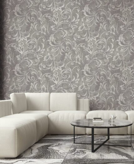 Aura Scroll - Silver, Gray, and Ivory | Grays Damasks and Scrolls Wallpaper for Living Room, Dining Room, and Accent Wall