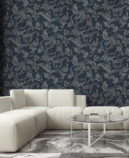 Aura Scroll - Navy, Silver, and Gray | Blues Damasks and Scrolls Wallpaper for Office, Kitchen, and Entryway
