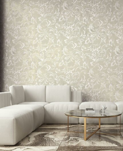 Aura Scroll - Champagne, Silver, and Ivory | Silvers and Pewters Damasks and Scrolls Wallpaper for Nursery, Accent Wall, and Bedroom