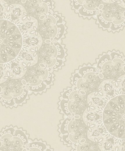 Aura Lace Medallion - Cream, Silver, and White | Warm Neutrals and Beiges Medallions Wallpaper for Powder Room, Hallway, and Nursery