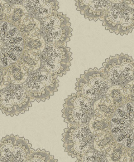 Aura Lace Medallion - Gold and Charcoal | Grays Medallions Wallpaper for Entryway, Bedroom, and Nursery