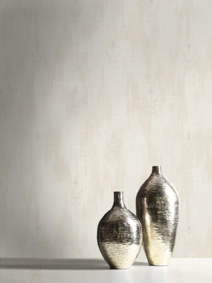 Aura Fleur-de-lis - Silver and Pearl | Warm Neutrals and Beiges Medallions Wallpaper for Office, Bedroom, and Dining Room